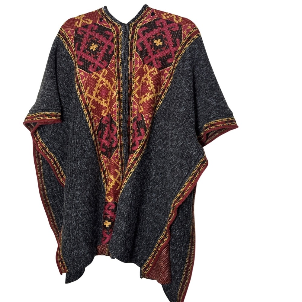 Umbrale Woman Tribal Geometric Knit Poncho Open‎ Front Wrap  Gray Chile Red - Picture 2 of 8